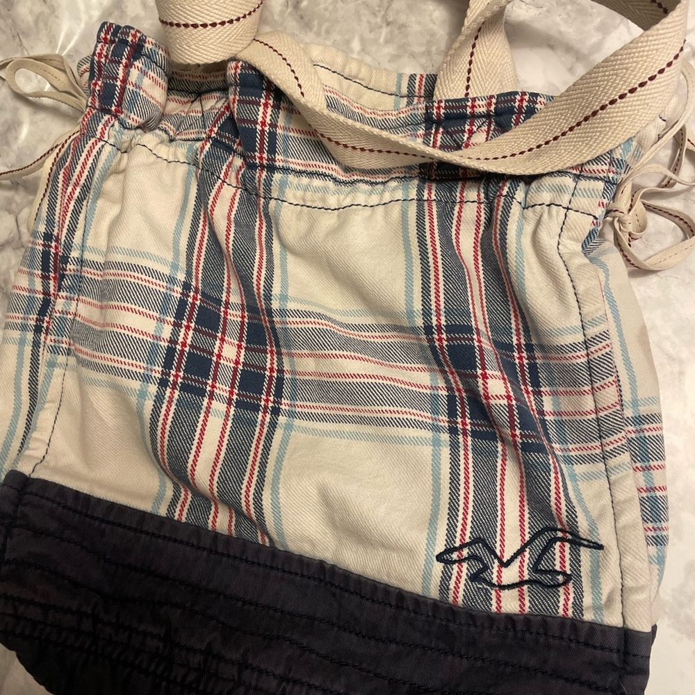 Hollister tote bag Plaid Canvas Drawstring Tote with Navy Trim